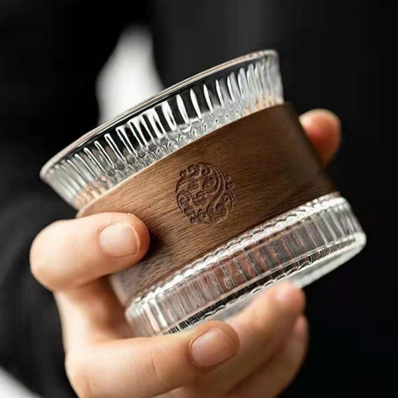 140ml Wooden Coaster Japanese Tea Coffee Cup Heat Resistant Hammer Pattern Glass Tea Cup Coffeeware Cute Tea Mugs