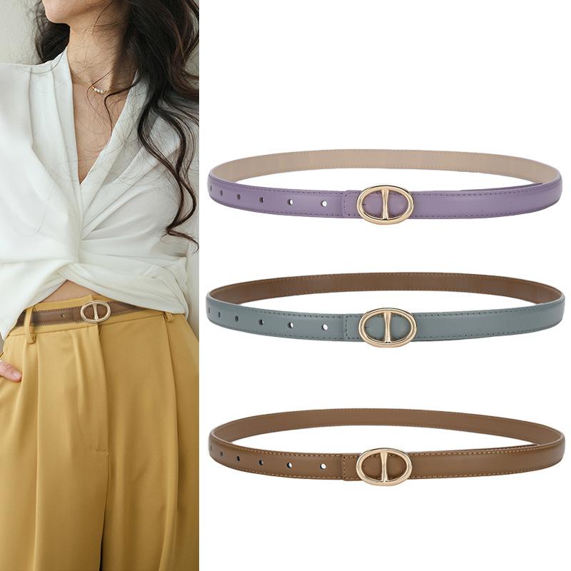 Women's Belt, Oval Pig Nose, Smooth Buckle, Thin Belt, Simple Jeans, Suit, Dress, Belt, Women's Trendy