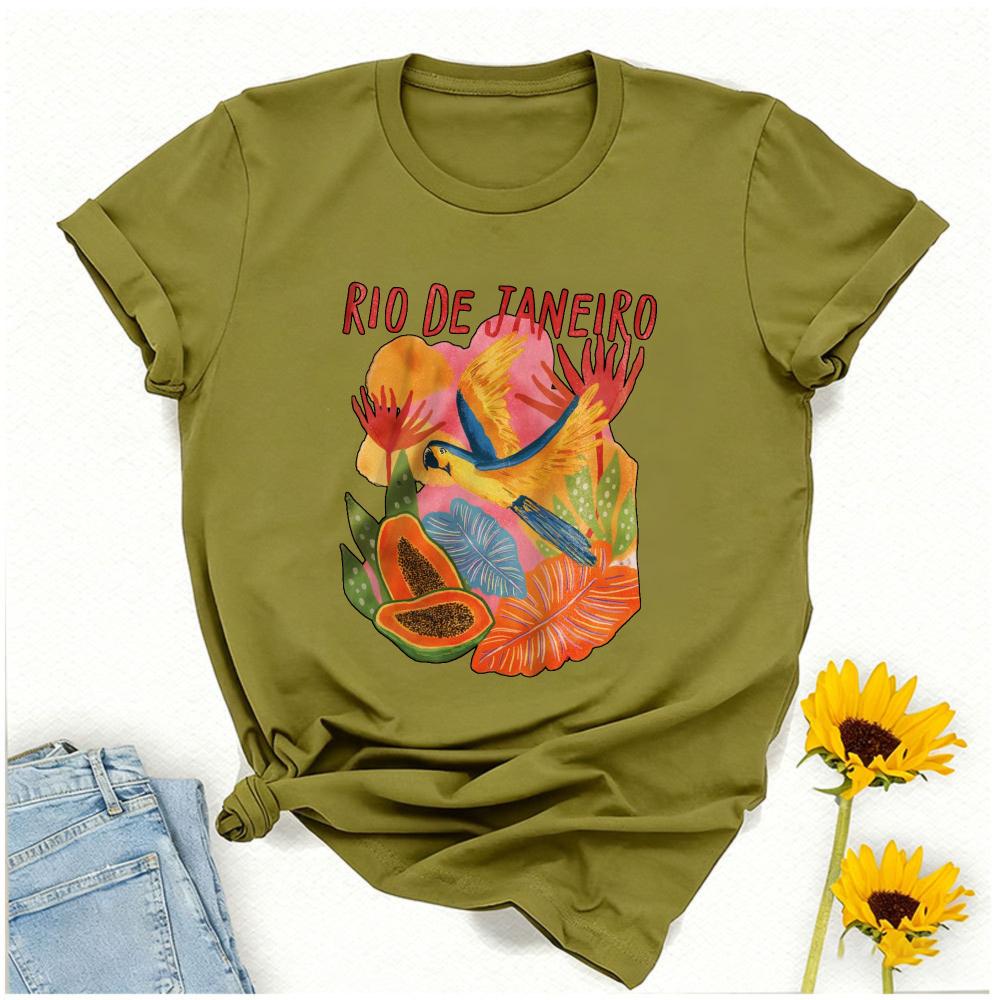Unisex Rio De Janeiro Parrot Papaya Tropical Leaf Print T Shirt Heather Cotton Tee Brazil Travel Vacation Casual Daily Summer Top