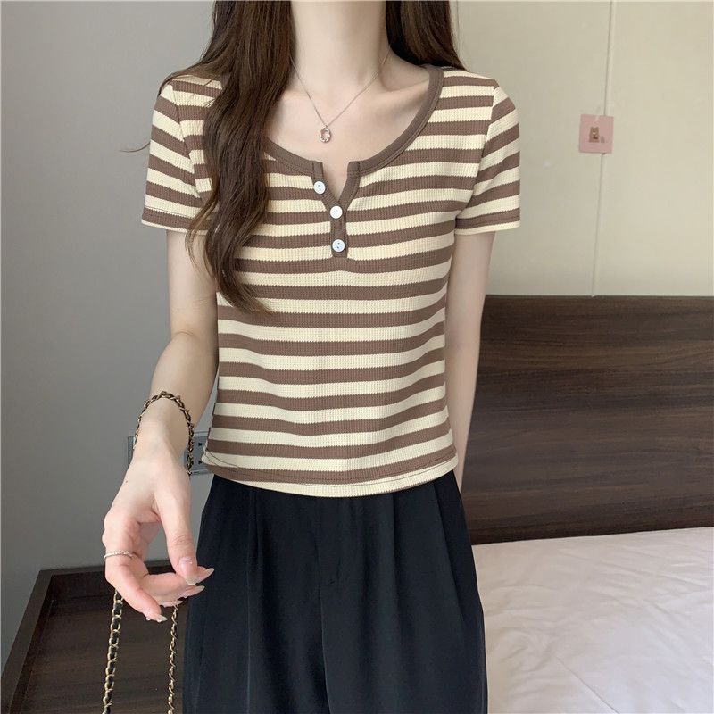 Summer Dopamine Striped T-shirts Contrasting Colors Female Clothing V-Neck Button Basic Short Sleeve Casual Slim Short Pullovers