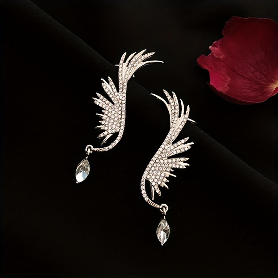 Luxury Angel Wings Stud Earrings with Rhinestone Water Drop Crystals серебряный