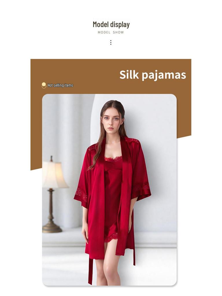 Silk Pajama Dress & Robe Set: 100% Mulberry Silk Two-Piece Camisole Dress with Morning Robe