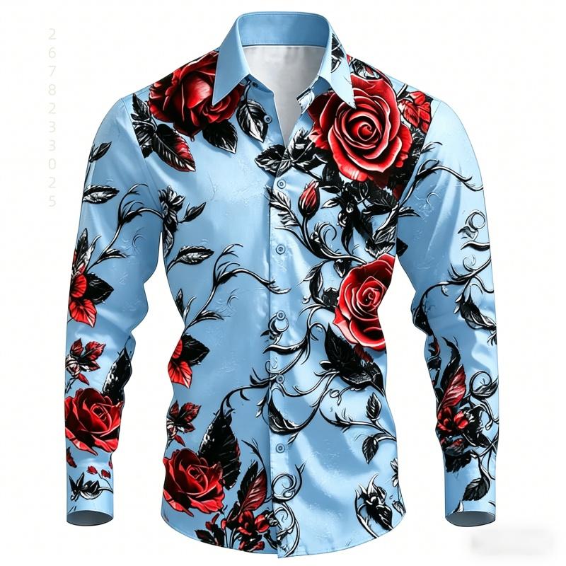 2026 New Men's Shirt with Black Background and Red Rose Print, Slim Fit and No Iron Business Casual Shirt, Versatile Top