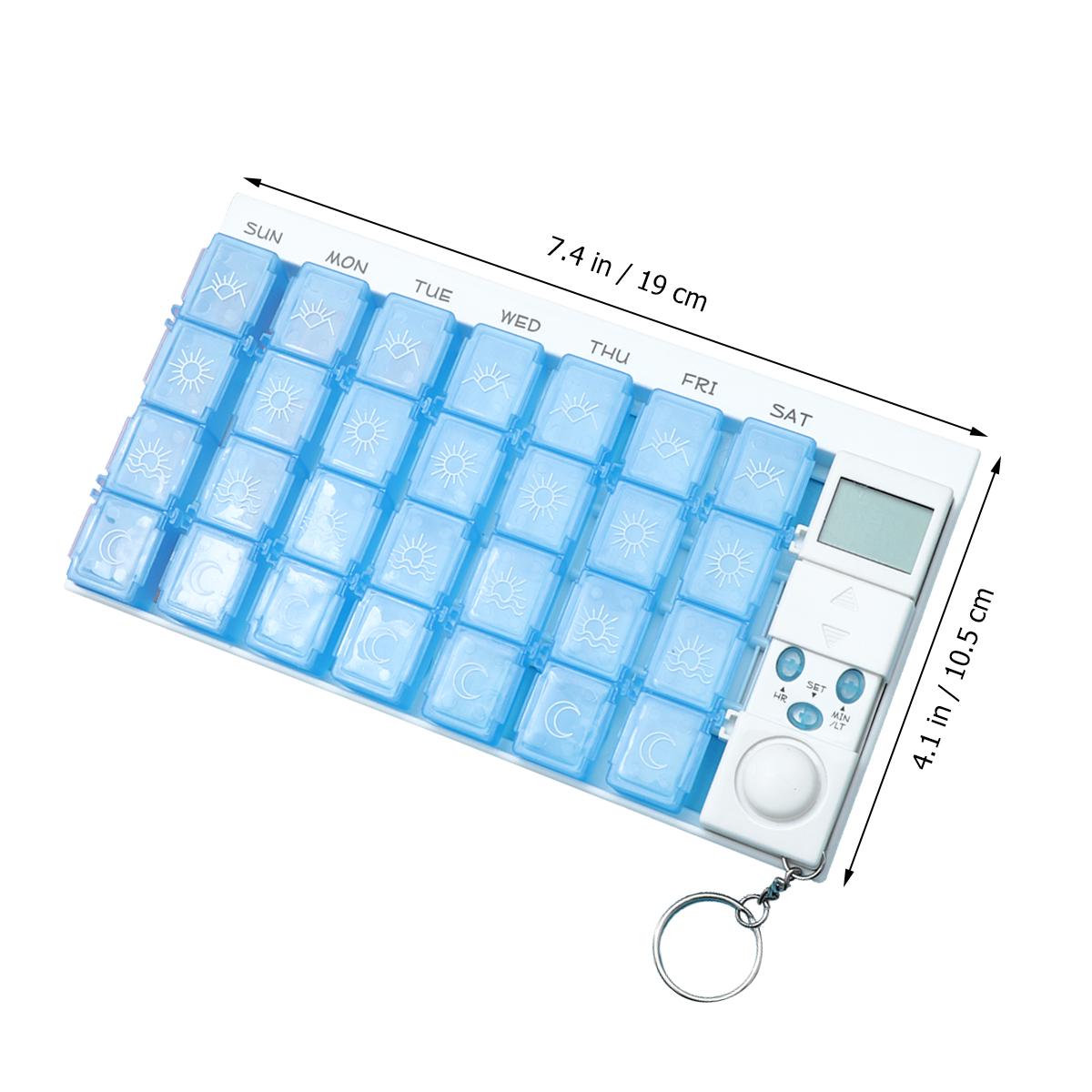 

Digital Pill Box 7 Day Weekly Organizer 28 Doses with Alarm Clock Loud Sound Reminder Backlit LCD Display for Medications синій