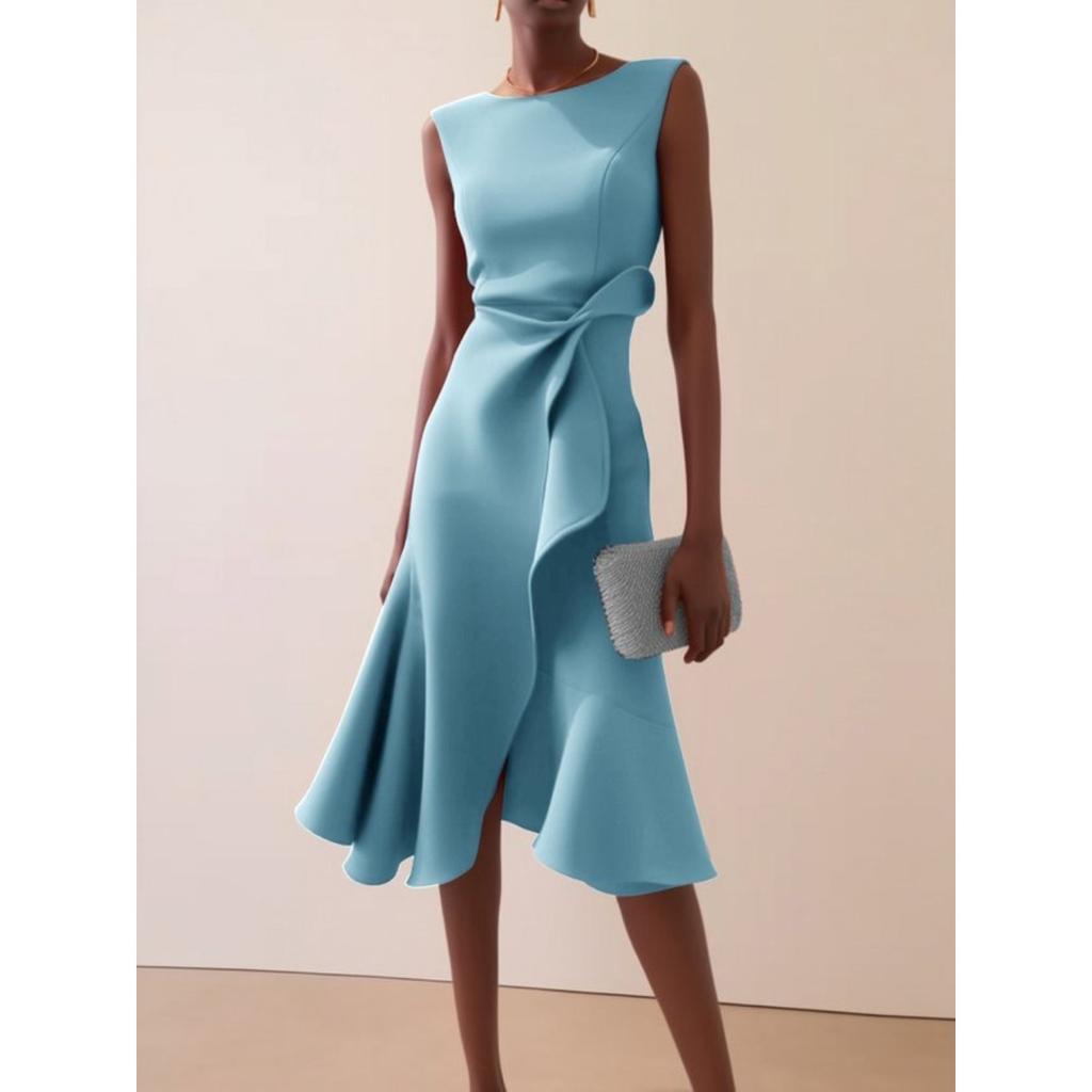 Dames Ronde Hals Mouwloze Midi Jurk Slim Fit Middelhoge Taille Elegante Ruche Split Cocktailjurk
