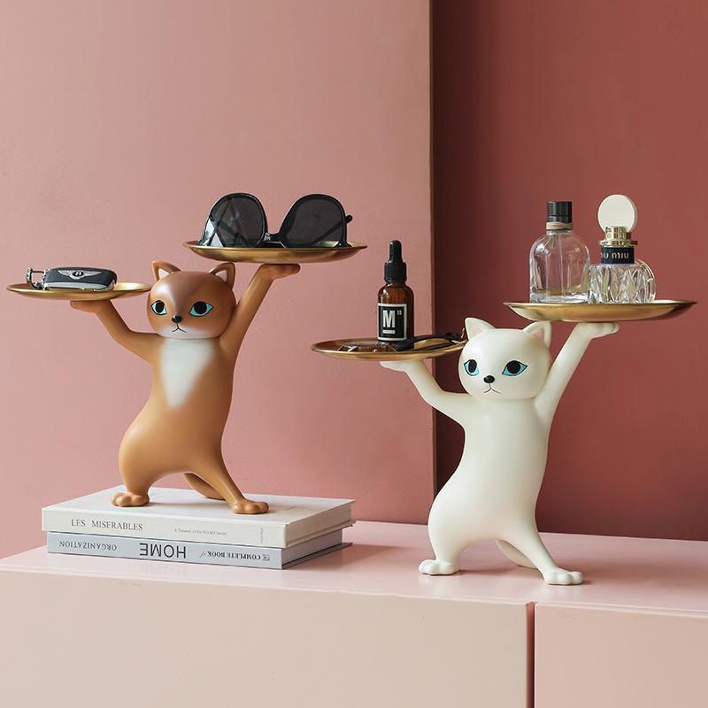Creative Cat Tray Resin Sculpture Figurine Key Desktop Candy Home Office Table Storage Decoration Accessories Room Animal Decor