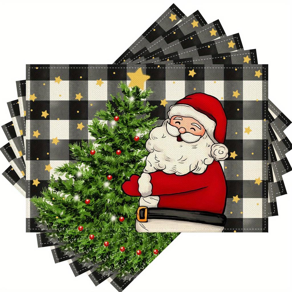 4/6pcs Festive Santa Claus Christmas Tree Placemats, 12x18 Inch, Polyester, Buffalo Plaid with Stars, Washable, Rectangular, for