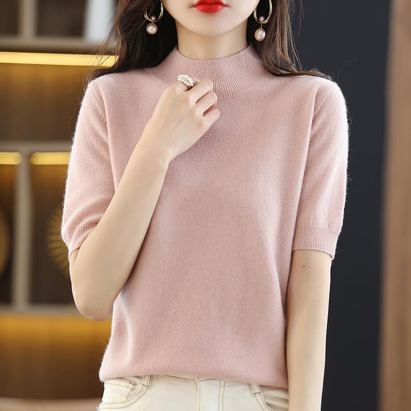 Women's Spring and Fall Half-high Neck Mid-sleeved Bottoming Shirt Knitted Five-minute Sleeve Thin Temperament Sweater