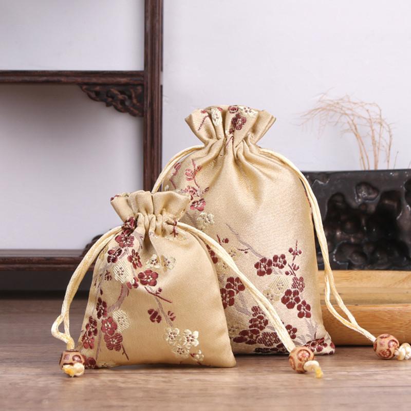 5/10 Pcs Flower Embroidery Wedding Gift Bags  Year Traditional Brocade Drawstring Storage Pouches Fabric Package 8x10/10x14cm