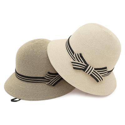 GEMVIE Elegant Summer Beach Bucket Hats for Women Wide Brim Bowknot Straw Visor Bucket Sun Hat with Windproof String