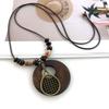 Boho Wooden Pendant Necklace Leather Chain Sweater Necklace Vintage Sweater Chain  for Women Men