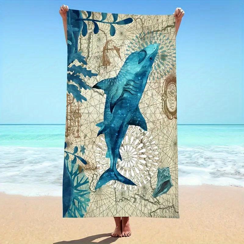 Telo da Spiaggia Grande con Stampa di Squalo, Design Mappa Vintage, Microfibra Asciugatura Rapida, Senza Sabbia, Perfetto per Spiaggia, Piscina, Viaggi