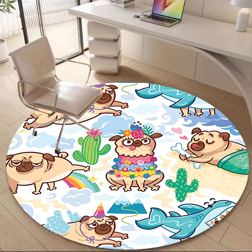 1PC Pug Party Office Round Area Rug, Mat Suitable ForOffice, Under Office Chairs Bedroom Living Room Home Decor, Room Deco