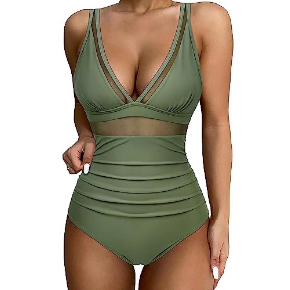 Europäischer und Amerikanischer Einteiliger Badeanzug Damen Sexy Cutout Mesh Tiefes V Push Up Bikini