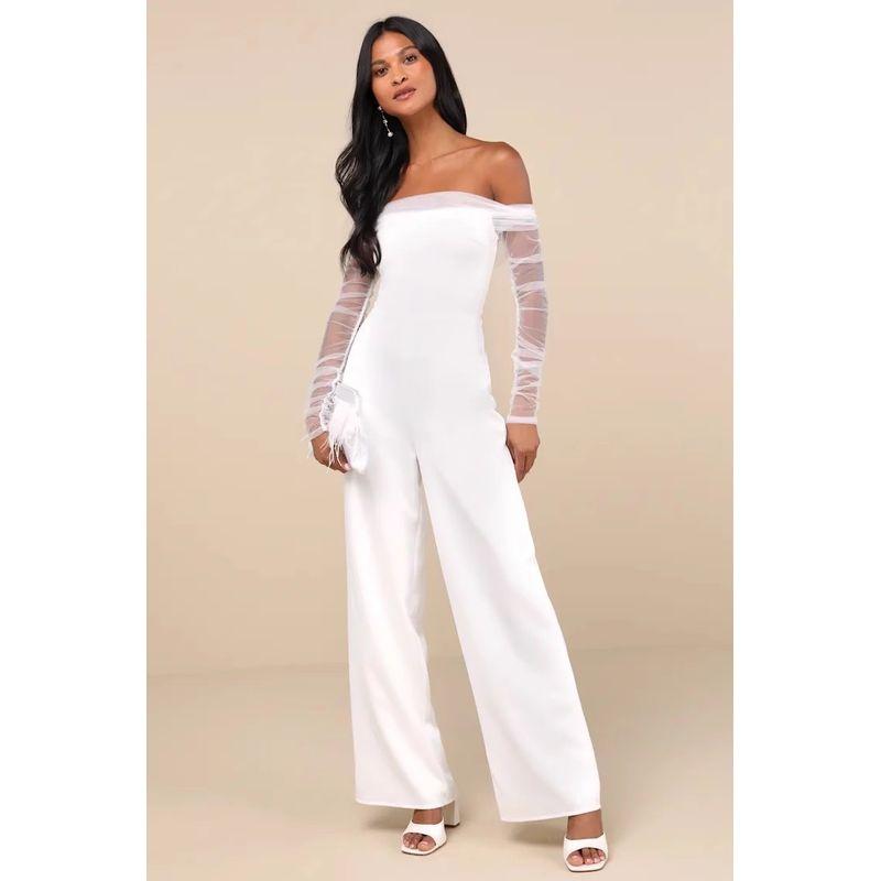 

Экспорт Однотонный Сетчатый Прозрачный Длинный Рукав Дизайн со Сборками С открытыми Плечами Газовое Месторождение Взрослая Женственная Женщина Белый Комбинезон Свободные Брюки White L