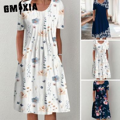30 Farben Plissiertes Midi-Kleid Kurzarm Rundhalsausschnitt Weiter Saum Mittlere Wadenlänge Damen Floral A-Linie Partykleid Freizeitkleidung
