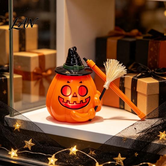 Handheld Pumpkin Pole Light Glowing Halloween Lantern, Jack O Lantern with Witch Hat Broom, Lightweight Prop Up Decor, Trick or Treat for Kids