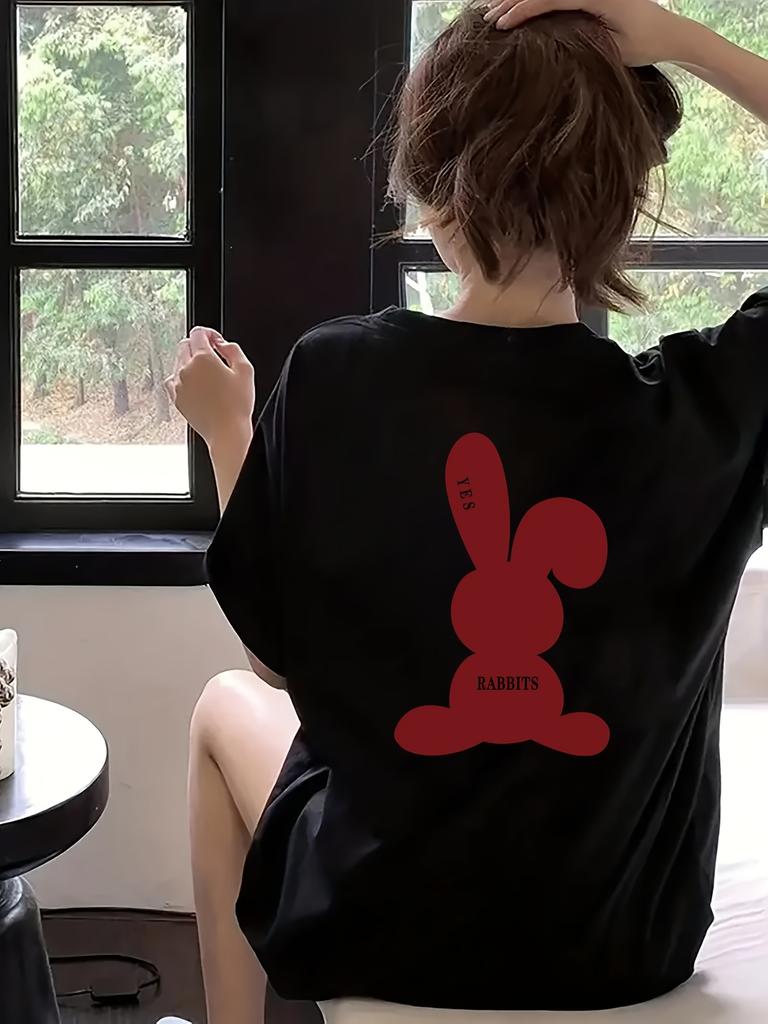 European sizes Red Rabbit Print Round Neck T-Shirt, Casual Short Sleeve Top for Spring And Summer, Women'S Clothing