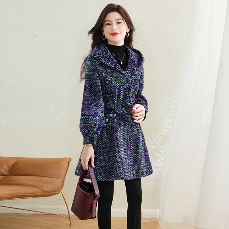 Women's Hooded Wool Blend Waist-Cinching Coat