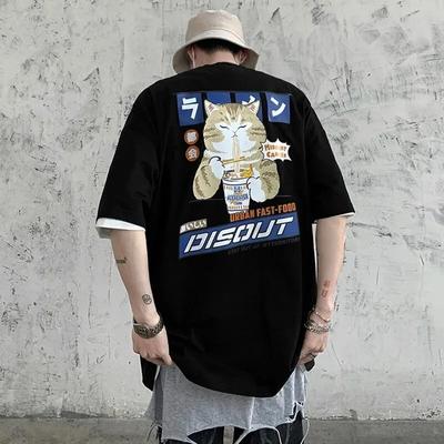 Summer Boys Short-sleeved T-shirt Super Loose Version of Teenagers Street Fashion Wear with Cartoon Cat Cartoon Print Cool and Comfortable Top