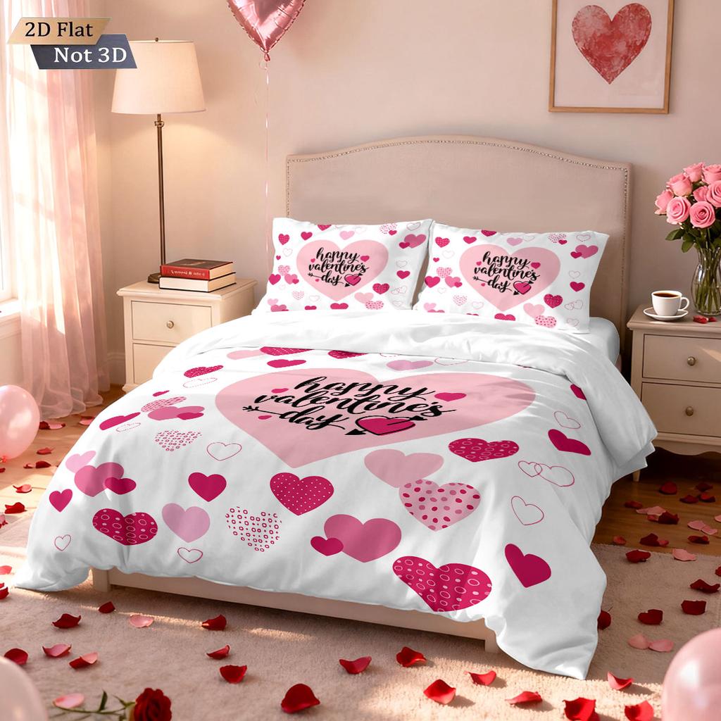 3pcs Valentine's Day Pink Romantic Love Printed Coreless Down Duvet Cover Set Multi Size Bedding Holiday Decoration