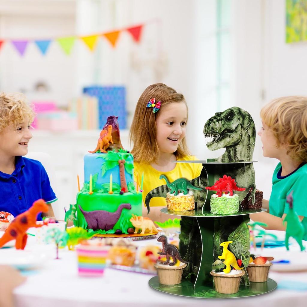 Censen 3 Tier Dinosaur Cupcake Stand Party Decorations 24 Pcs Dinosaur Figure Toys Cupcake Toppers Holder Dessert Tower for Boys Jungle Theme