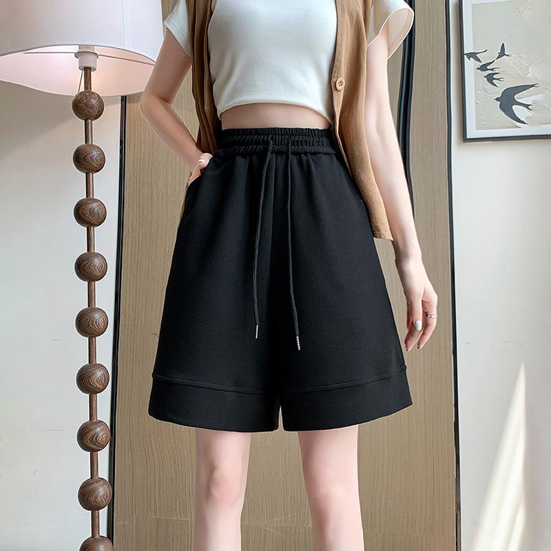 

Sports Short Sweatpants Women s Loose Casual and Thin Drawstring Pockets Wide-leg Five-point Pants 2XL чёрный