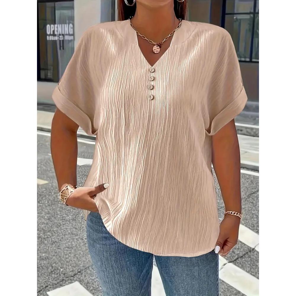 Elegant Casual T-Shirt - Women's Plus Size - Plus Size - New European and American - Spring/Summer Short Sleeve - Button Solid Color