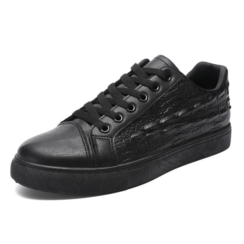 Men's Casual Shoes Versatile Trendy Shoes Men's Sports Shoes Crocodile Pattern Leather Surface Glossy Pure Black Work Board Shoes Men