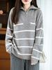 2024 Wool Lapel Color Block Stripe Knit Sweater for Women