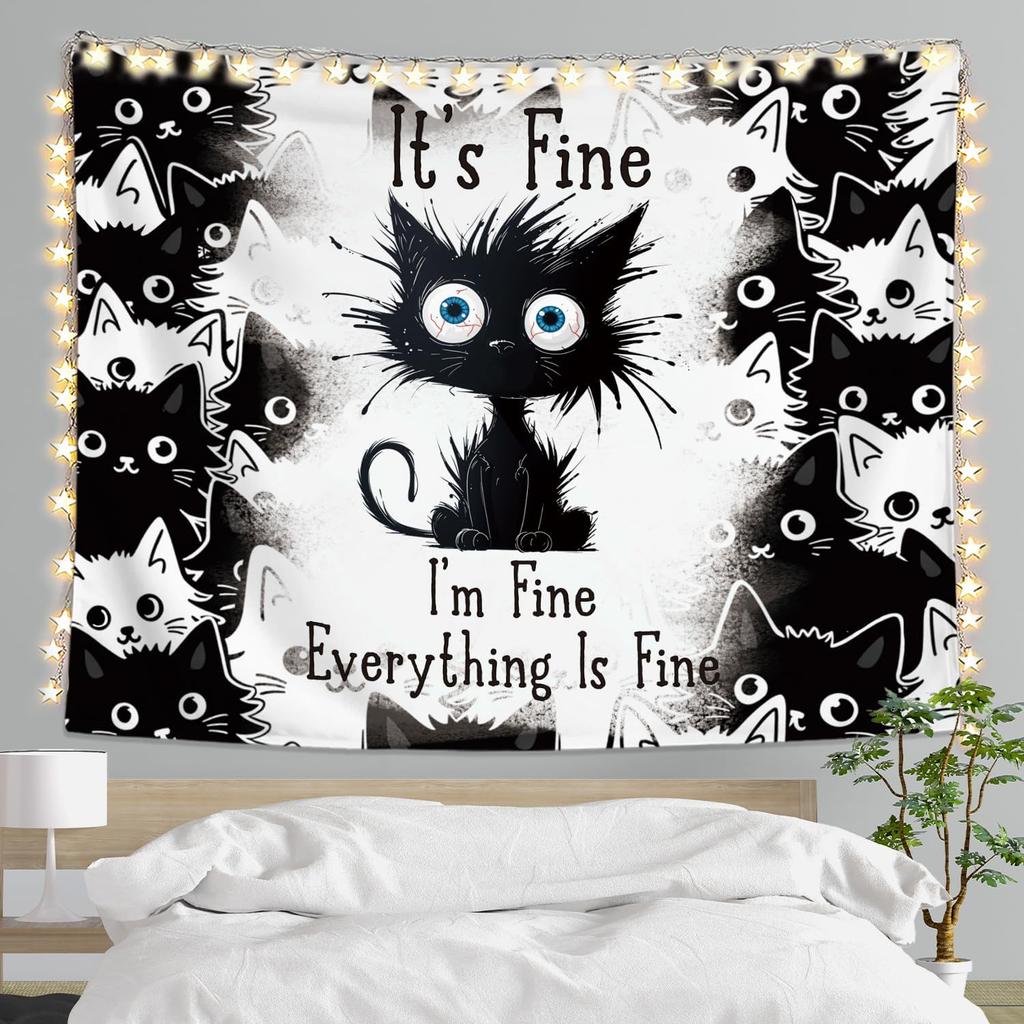Funny Cat Tapestry for Bedroom, Cute Black and White Tapestry Anime Tapestry Wall Hanging with, Gifts for Cat Lovers, Cats Wall