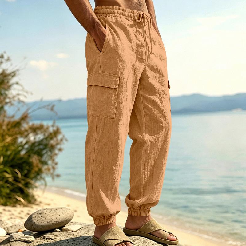 Men Drawstring Elastic Waist Multi Pocket Cargo Jogger Linen Pants Multiple Colors Available