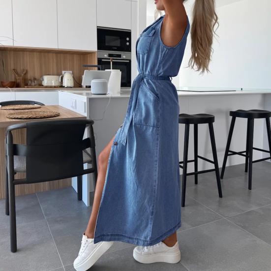 Women Denim Shirt Dress Summer Sleeveless Button Down Maxi Dress with Belt Lapel V Neck Long Jean Dress with Pockets