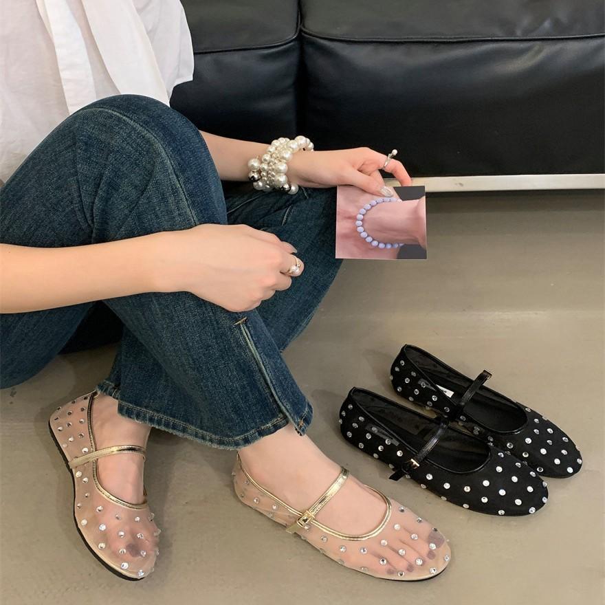 2025 Summer New Niche Flats Soft-soled Mesh Sandals Fairy Rhinestone One-word Buckle Fashion Shoes