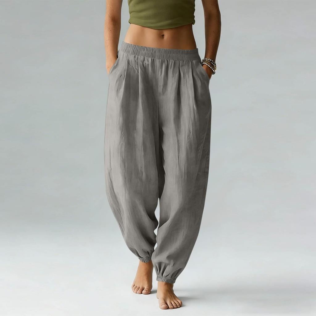 Women's Cotton Linen Pants Casual Elastic Waist Color Jogger Pants Comfy Beach Vacation Trousers With Pockets