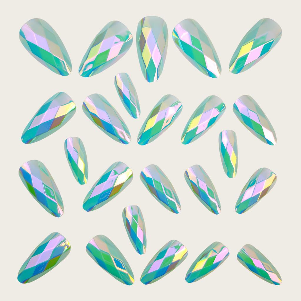 Multi-faceted Rhombus Electroplated Metal Glossy Manicure Fashionable European And American Round Head Almond Blue And Green Fake Nails
