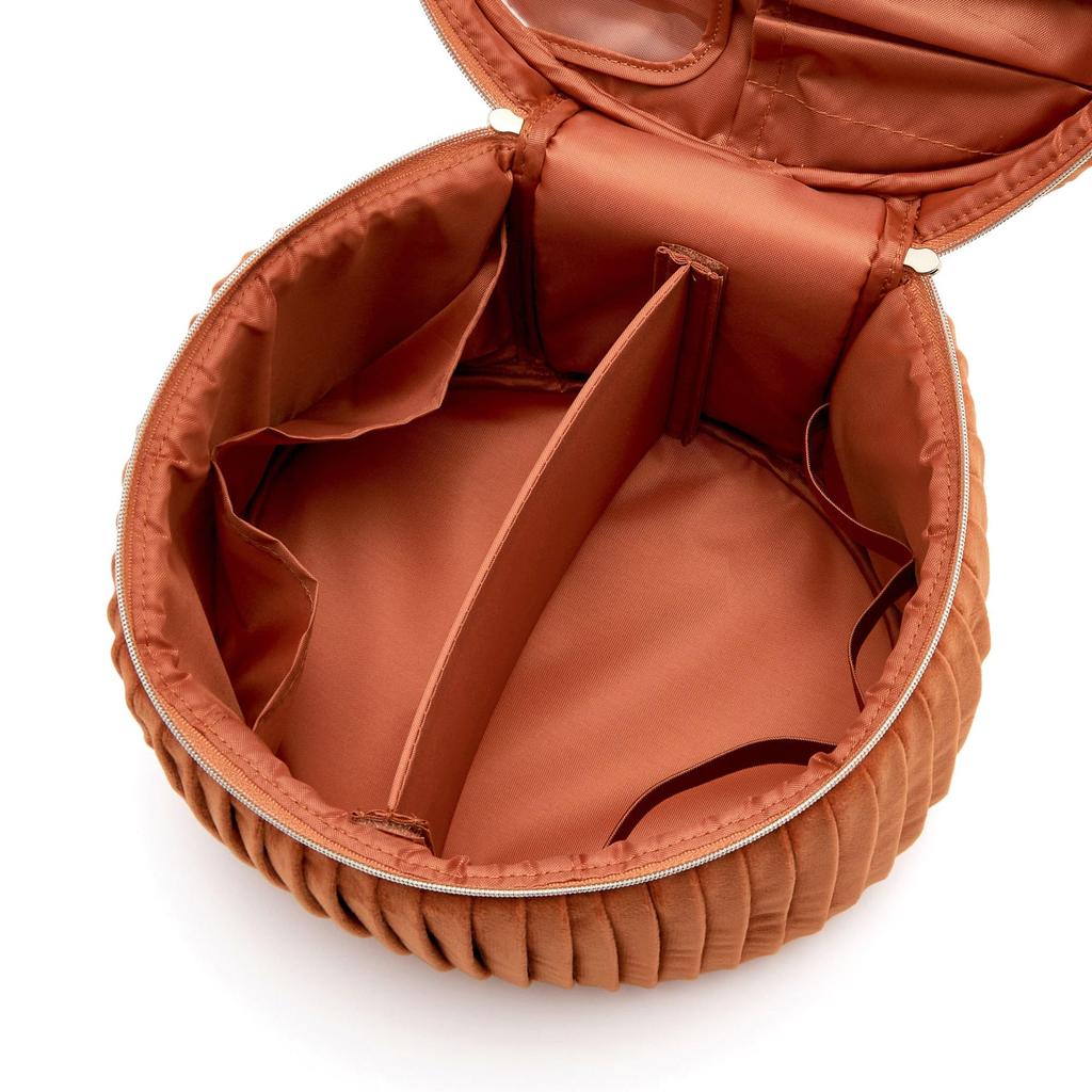 Francfranc Velvet Pleated Vanity Cosmetic Cosmetic Makeup Storage Pouch, Large, Orange, Pouch, Box,