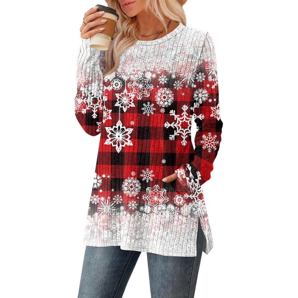 Women's Christmas Printed Round-neck Long-sleeved Top With Pockets And Side Slits