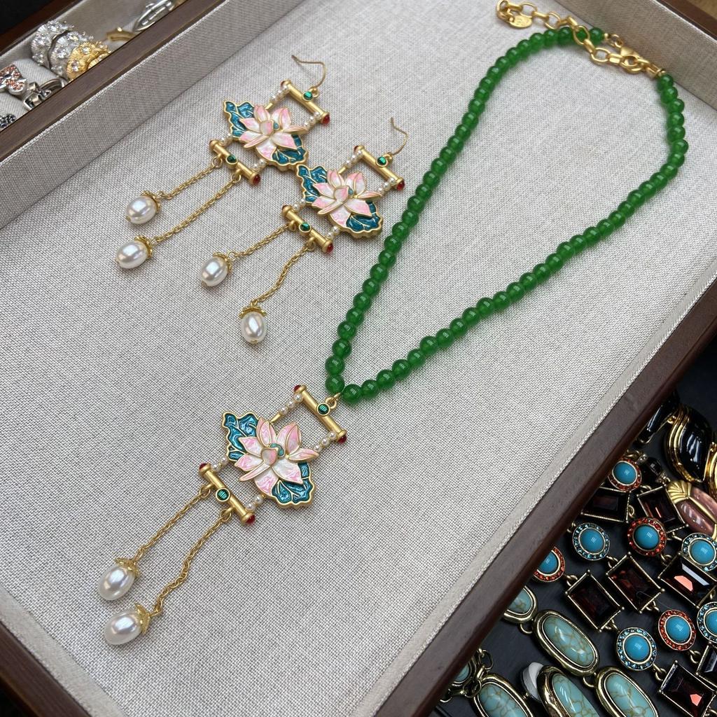 Ancient Cheongsam Hanfu Versatile Accessories Ancient Gold-Plated Oil-Dripping Lotus Fringed Ear Hook Green Glazed Bead Necklace