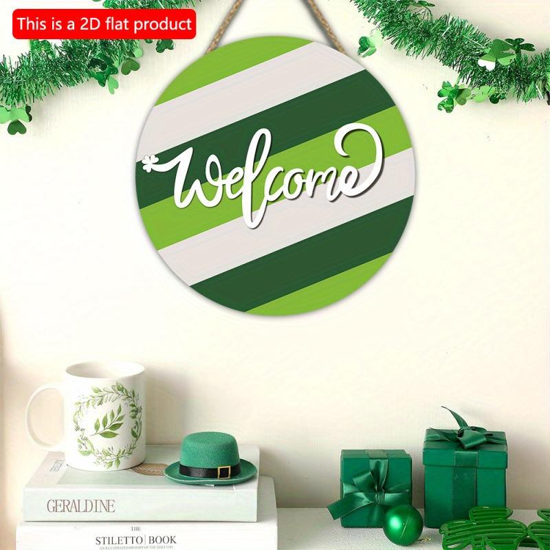 2D flat 20*20cm 1pc Welcome St. Patrick's Day White green stripes Wood Hanging Door Sign, Lucky Shamrock pattern simple style Art Plaques for Front