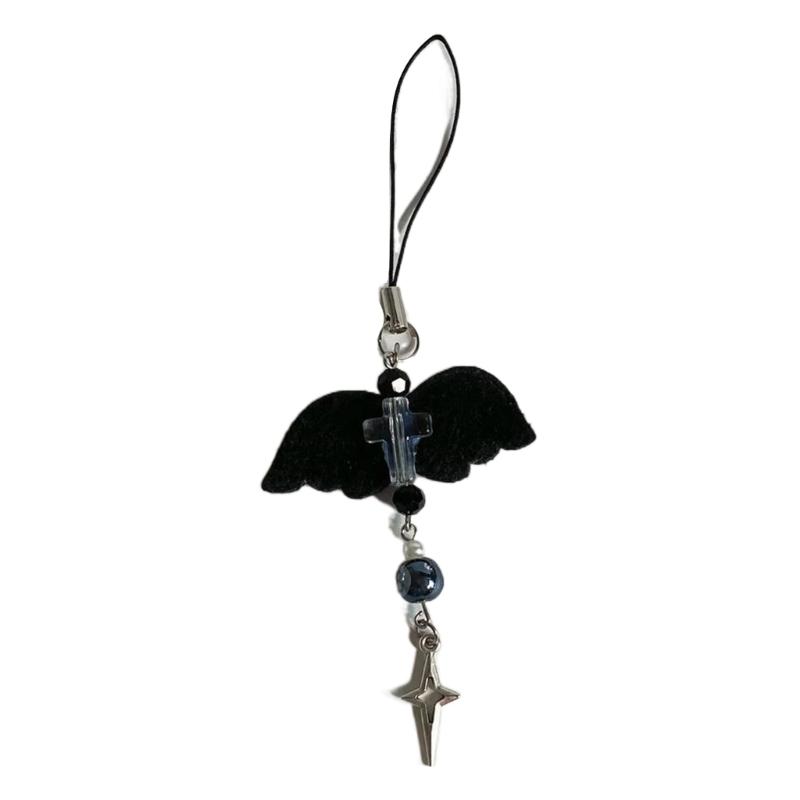 

DIY Handmade Cute Phone Charm Y2K Women Black Plush Wing Pendant Crossed Lanyard Star Syringe Bead Cartoon Accessories