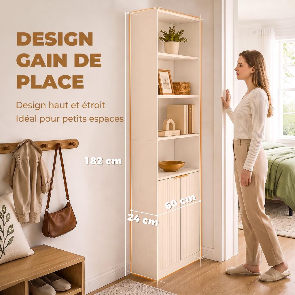 Bookshelf, 6-Tier, 60 x 24 x 182 cm, 4 Open Compartments, 2 Doors, White