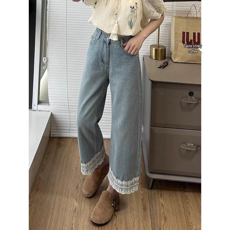 Women's Plus Size Light-Colored Wide-Leg Jeans with Lace Trim, Petite Nine-Point Loose Straight-Leg Pants