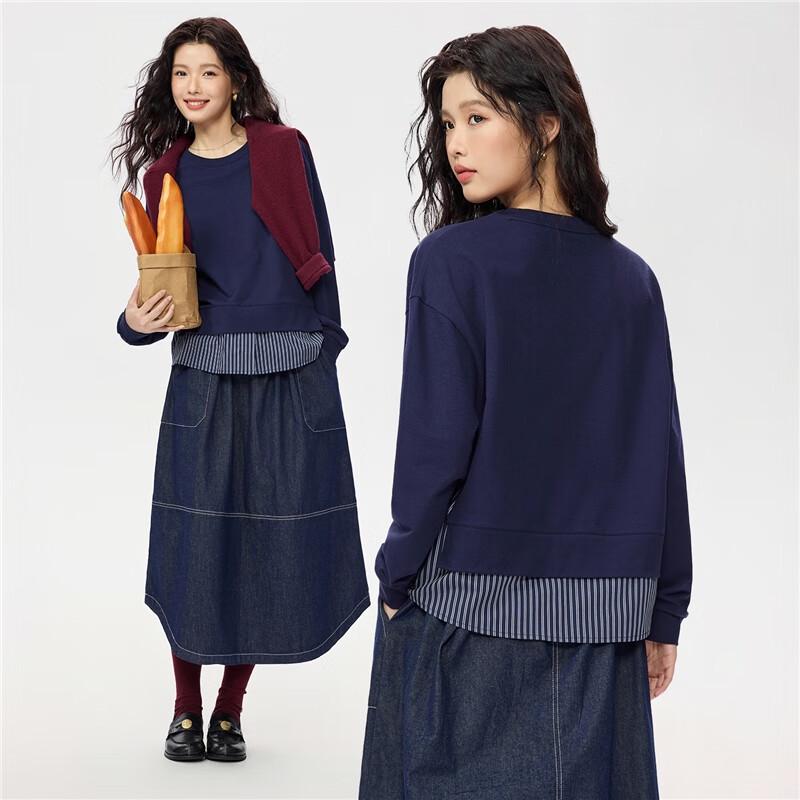 Giordano Women's Miu Series Striped Patchwork Cotton Sweatshirt