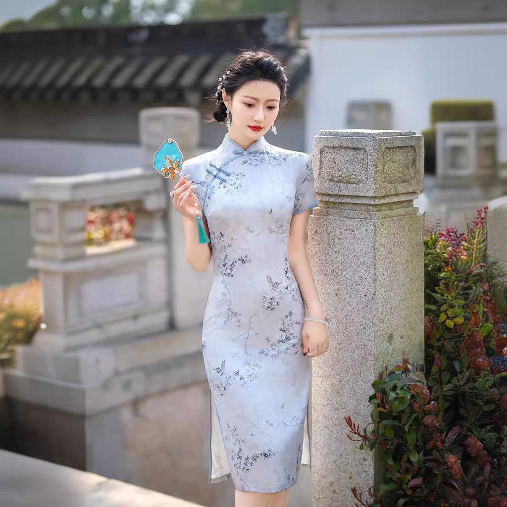 Silk jacquard medium and long cheongsam 1011 new Chinese women's printed double-layer short-sleeved high-end simple and elegant daily cheongsam