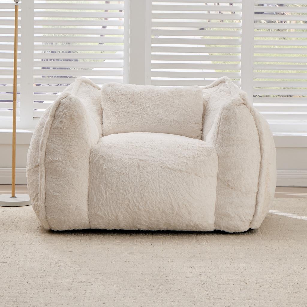 Giant Bean Bag Chair with pillow, Comfy Large Bean Bag Chairs for Adults and Kids, Faux Fur Floor Sofa for Living Room Bedroom Apartment, Beige