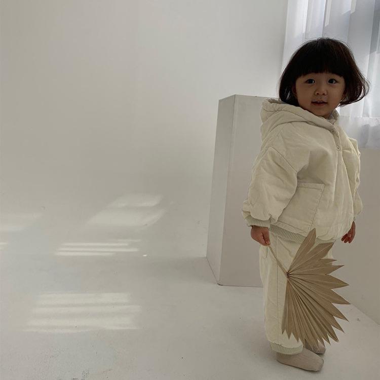 Korean Style Winter Kids' Thick Hooded Cotton Jacket & Pants Set for Girls