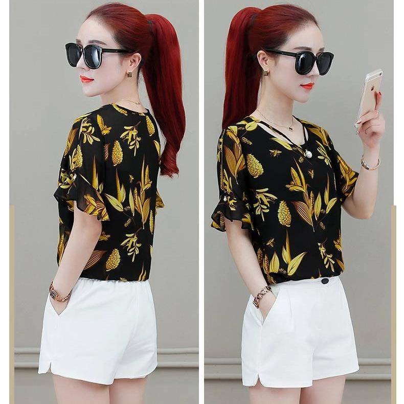 Floral Printing Chiffon Shirt Women's Short Sleeves Blouse Summer New Korean Loose Fashion Bottoming Top M-4XL