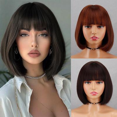 Perruque Synthétique Courte Lisse Avec Frange Extensions Aspect Naturel Pour Femmes Élégantes Perruque Bob à Porter