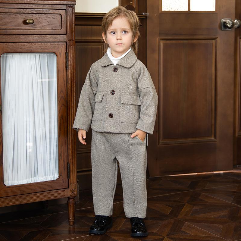 Children's Suit Autumn Winter Stylish British Style Boys' Lapel Casual Jacket Little Suit Flower Boy First Birthday Photography Formal Wear